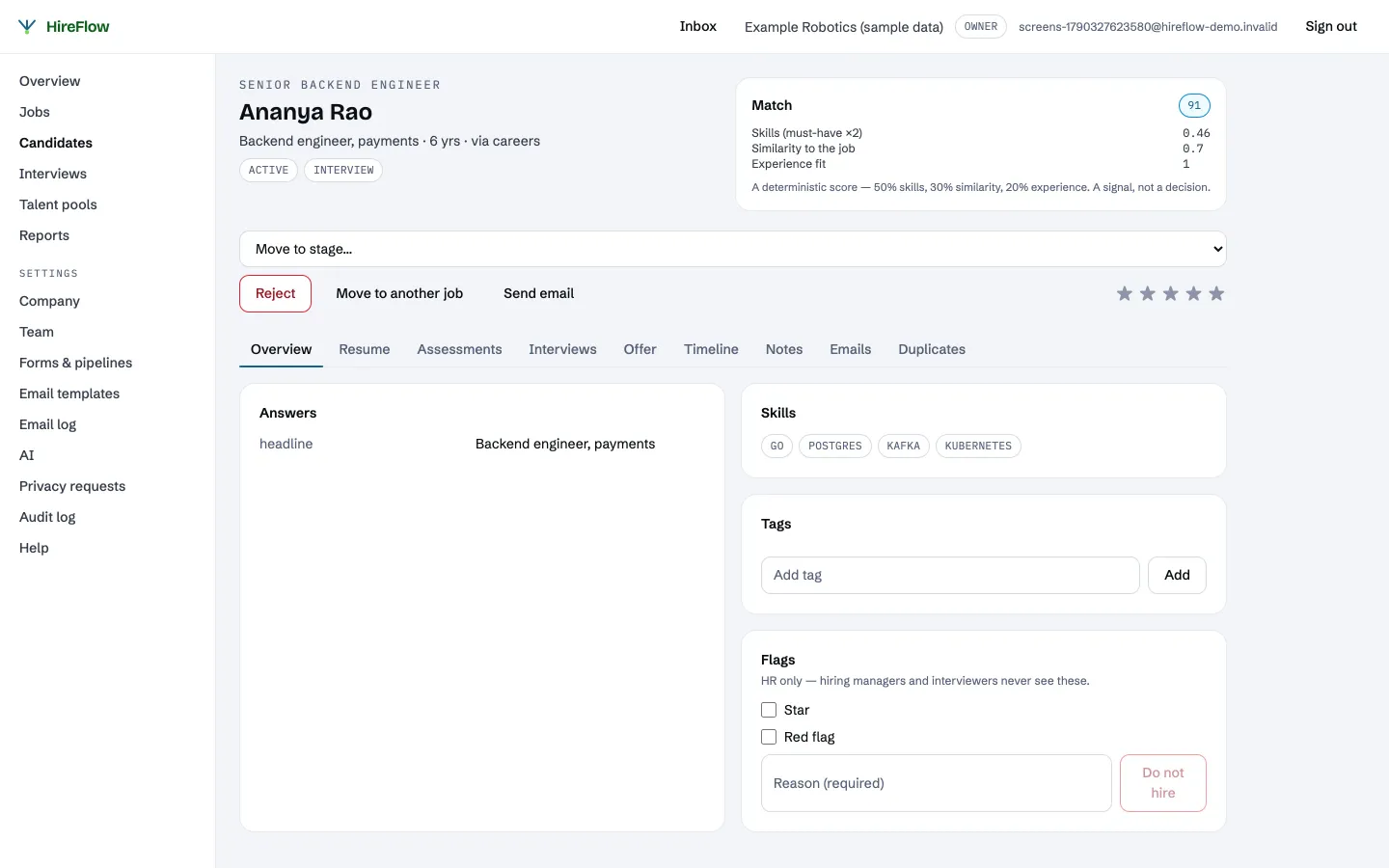 A candidate profile with an explained match score, skills, tags and HR-only flags (sample data)