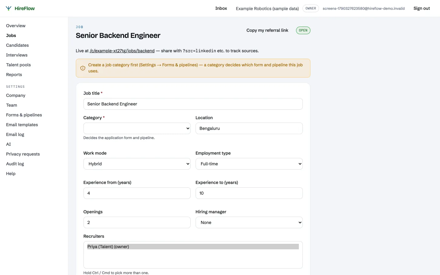 A job with its interview plan: rounds, interviewer pool, kit and scorecard attributes (sample data)
