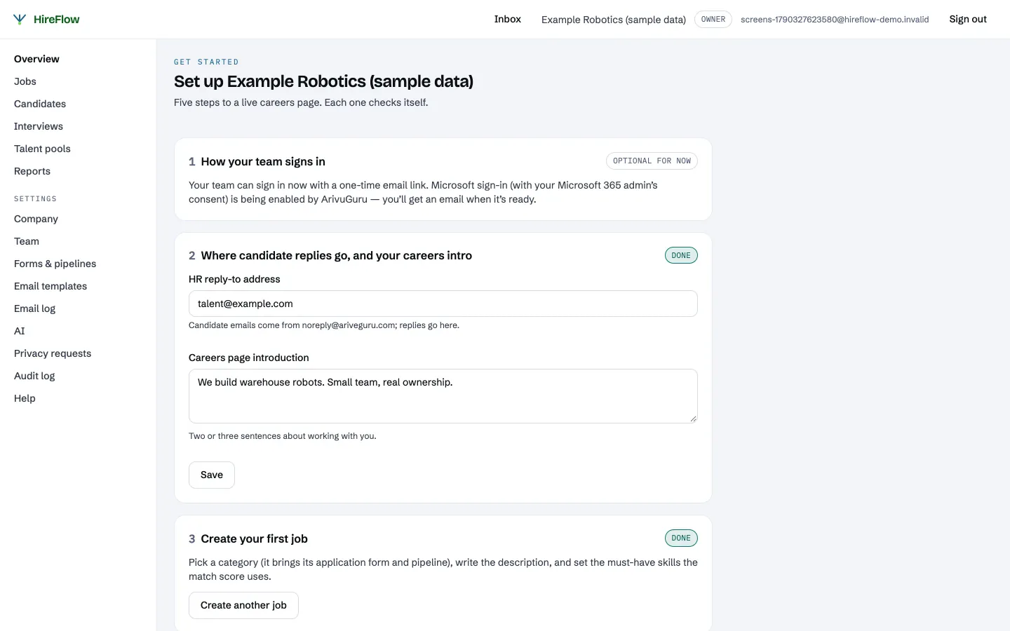 The five-step setup that gets a careers page live (sample data)